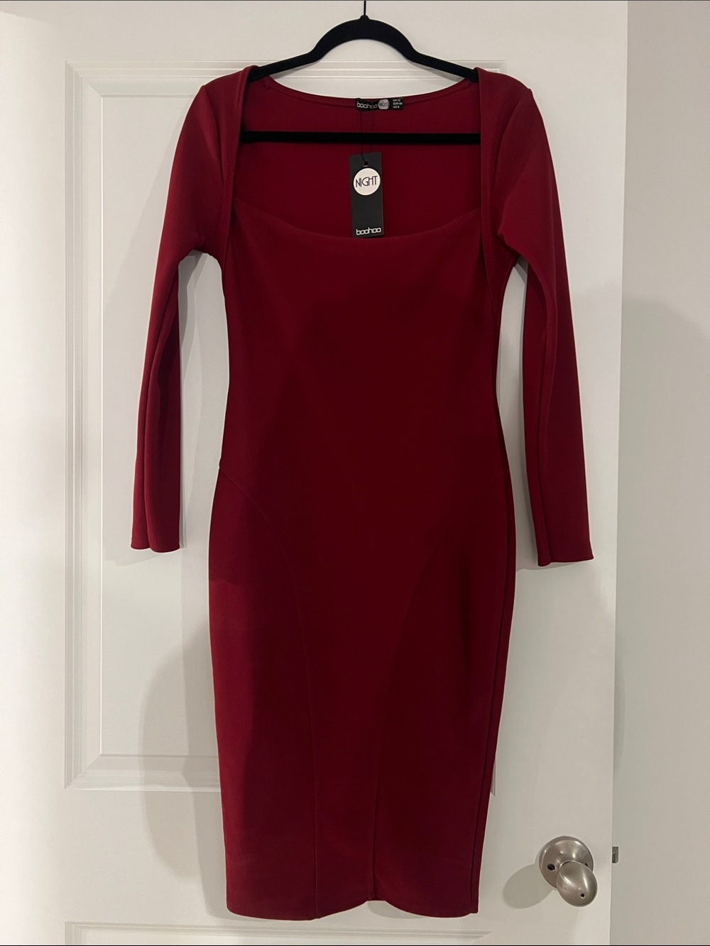 Boohoo Deep Burgundy Long Sleeve Square Neck Midi Dress